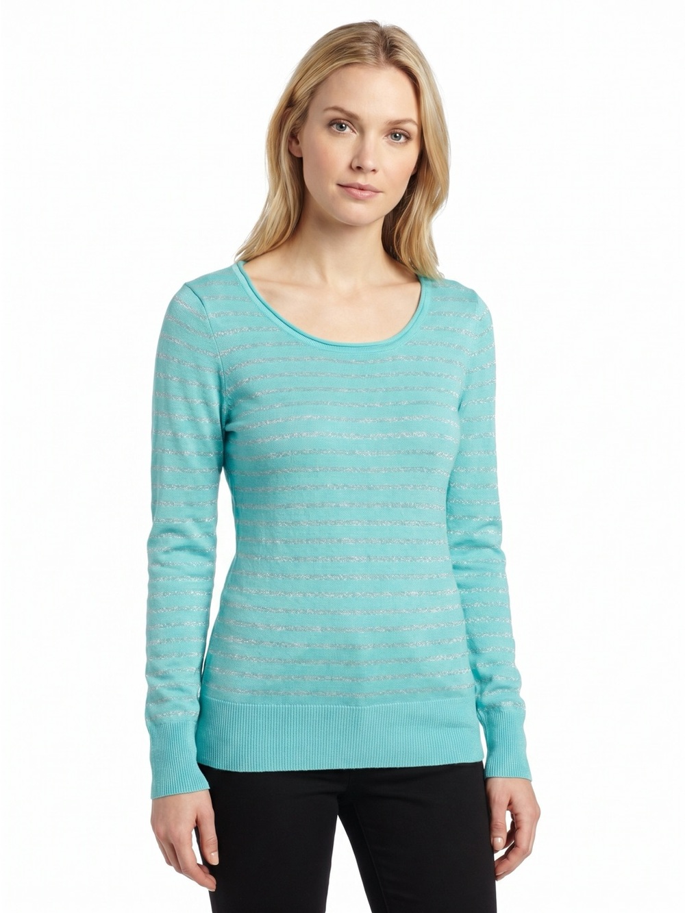 Calvin Klein Mint Scoop Neck Long Sleeve Sweater with Metallic Stripes